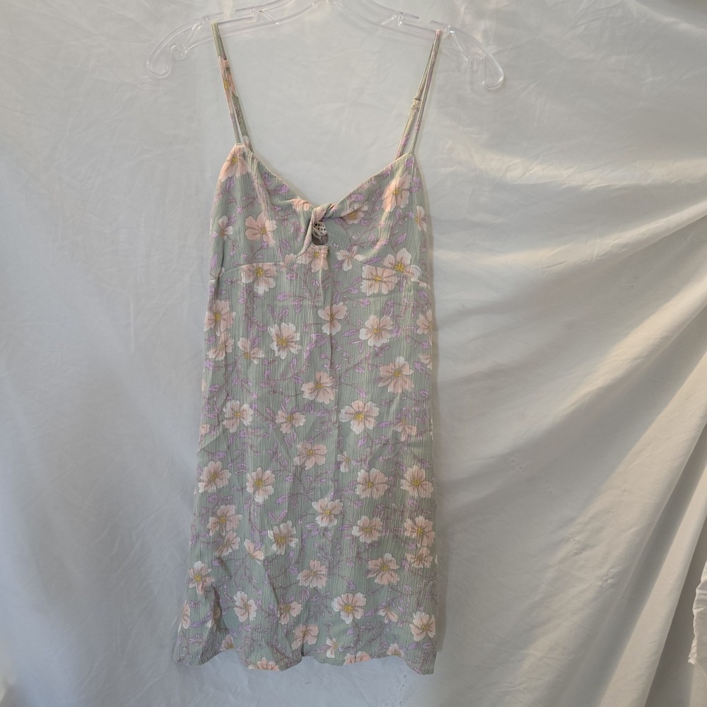 Billabong Last Sunset Mini Dress Pistachio Crinkle Texture Floral Twist Bodice L